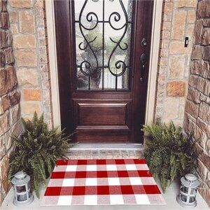 Buffalo Check Plaid Doormat Red and White 2'x3'Hand Woven Cotton Plaid Rugs